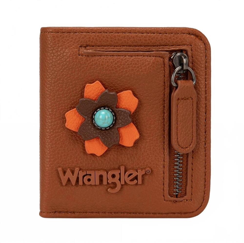 NEW WRANGLER 3d floral turquoise rfid bifold wallet in brown